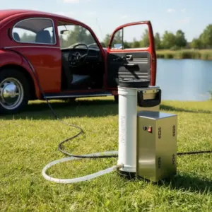 osmoseanlæg i brug ved siden af en rød VW Bobbel, hvor de medfølgende 12V klemmetænger er tilsluttet bilens batteri