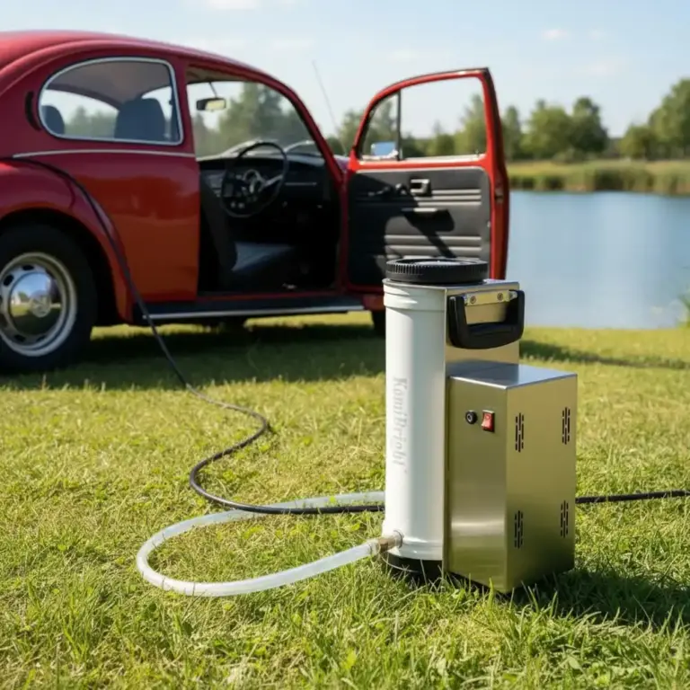 osmoseanlæg i brug ved siden af en rød VW Bobbel, hvor de medfølgende 12V klemmetænger er tilsluttet bilens batteri