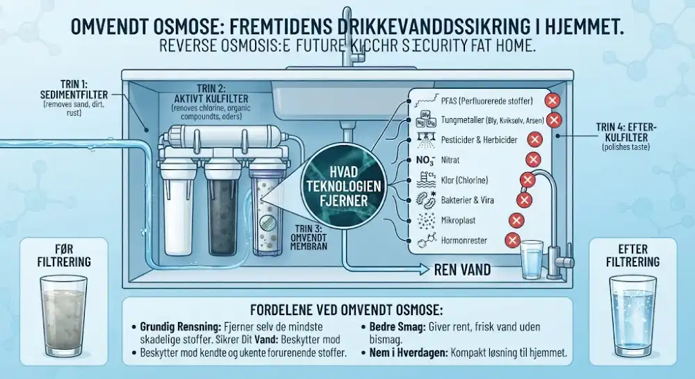 Grafik eller foto af et rent og funktionelt omvendt osmoseanlæg i et dansk køkken, der illustrerer avanceret vandfiltrering.
